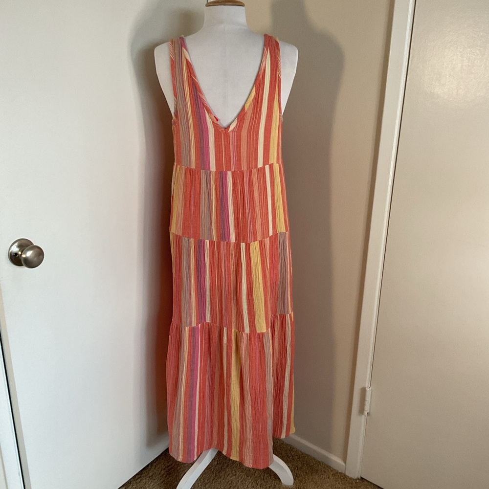 Marine Layer Corinne Striped Maxi Dress Pink Orange Tiered Boho Pocket Size L - Picture 9 of 9